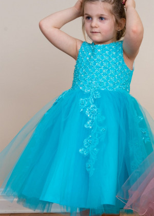 Beaded Turquoise Lace Tulle Tea Length Flower Girl Dress